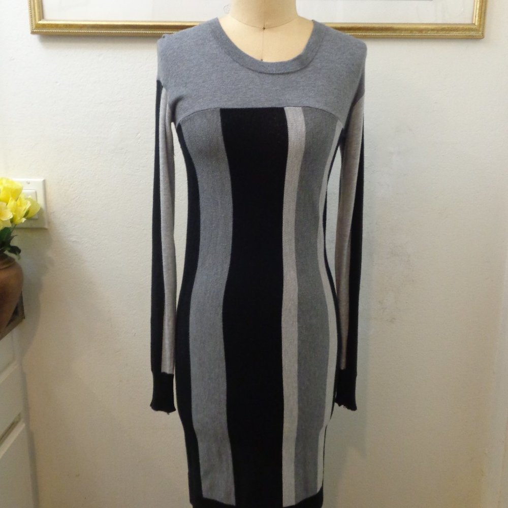 BCBGMaxAzria Black & Grey Striped Long Sleeve Dress